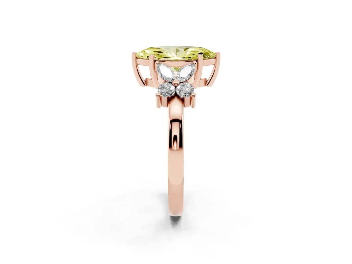 Fancy Yellow Marquise Cut Diamond Floral Cluster Ring with Solitaire Band and Prong Setting Rose gold