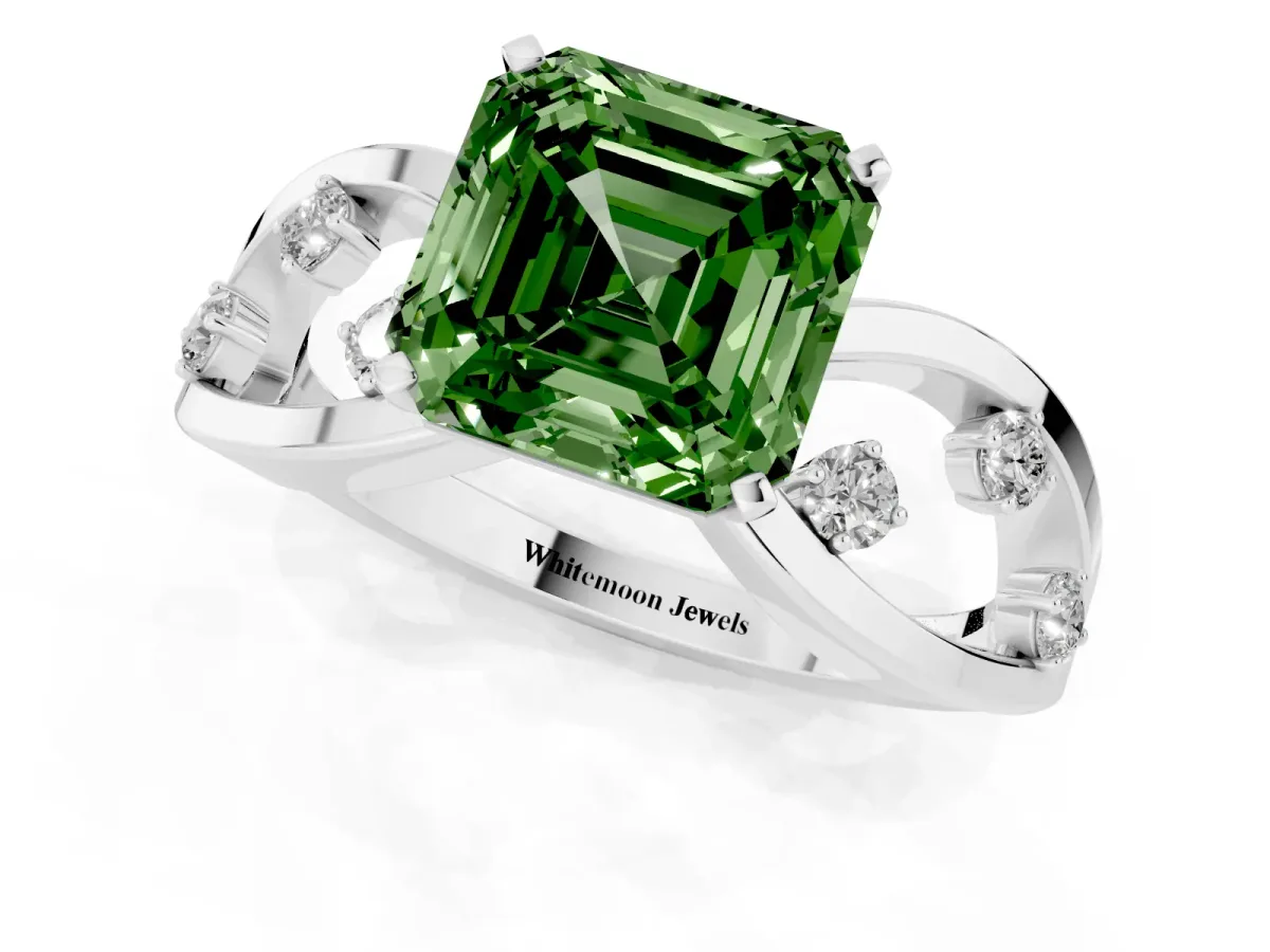 Fancy Green Asscher Cut Cut Solitaire Diamond with Side Stones on Criss-Cross Band and Four-Prong Setting Silver