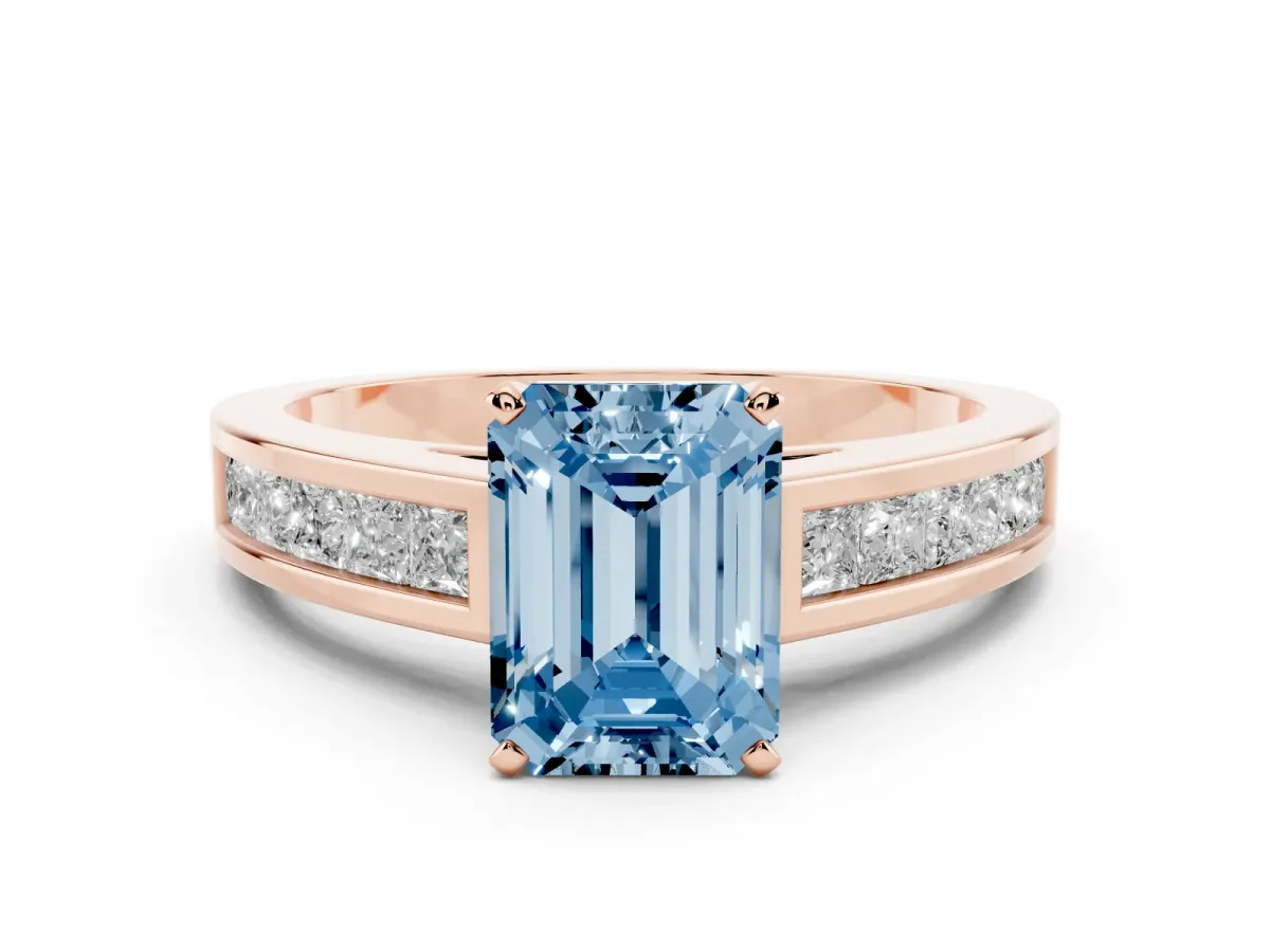 Fancy Blue Emerald Cut Solitaire Diamond Ring with Channel-Set Band and Four-Prong Setting Rose gold