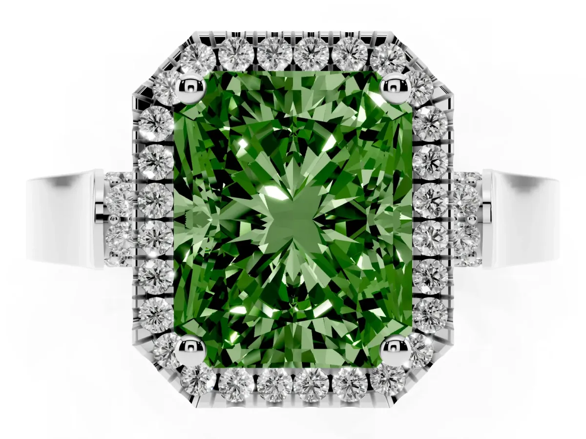Fancy Green Radiant Cut Halo Round Diamond Twist Band with Four-Prong Setting White gold