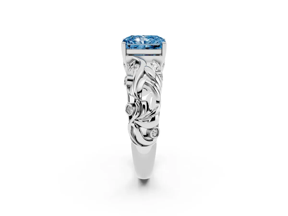 Fancy Blue Radiant Cut Solitaire Diamond Leaf-Inspired Vine Band Ring with Prong Setting Silver