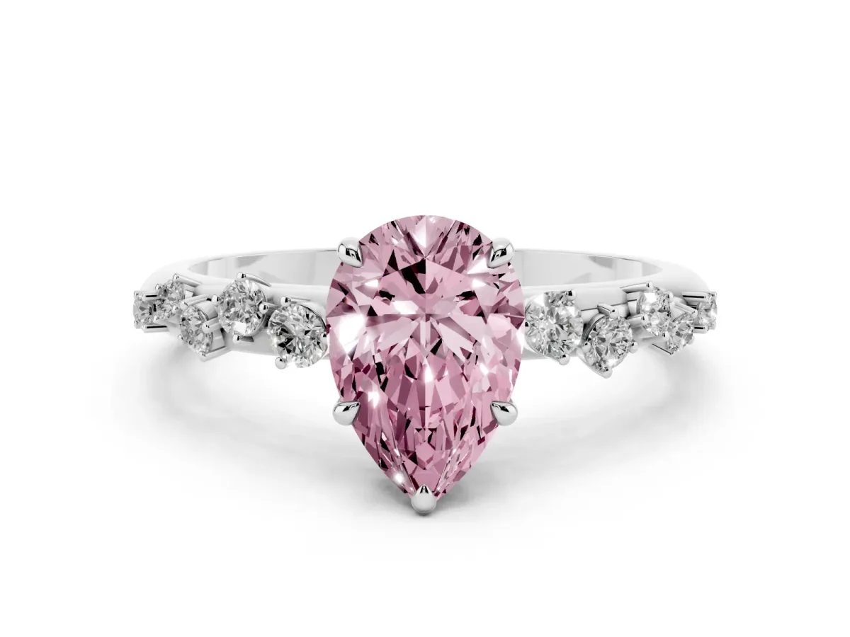 Fancy Pink Pear Cut Diamond Cluster Prong-Set Solitaire Ring White gold