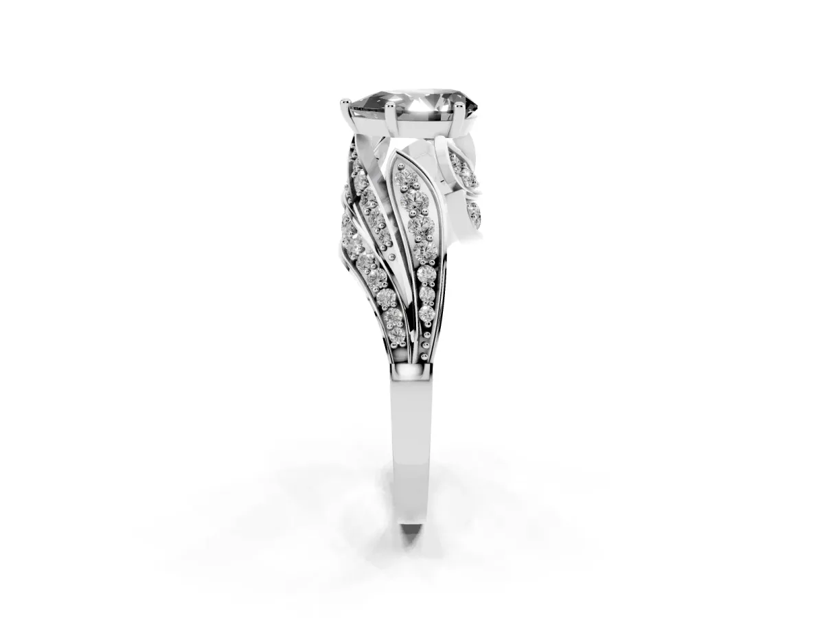 Fancy Black Pear Cut Diamond Solitaire Ring with Prong Setting and Twisted Pavé Band Silver