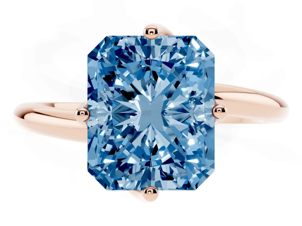 Fancy Blue Radiant Cut Diamond Solitaire Engagement Ring with Four-Prong Setting and Classic Band Rose gold