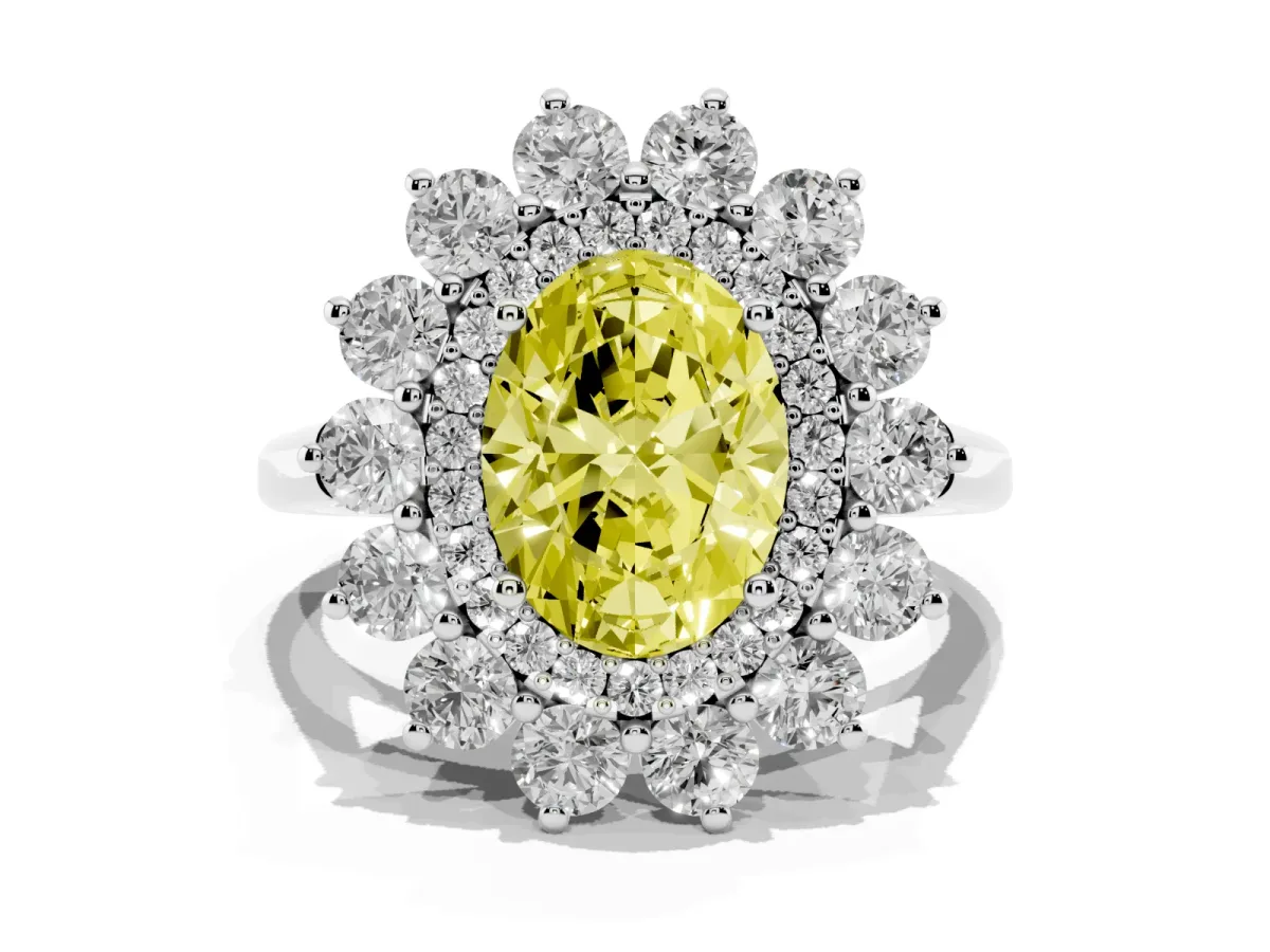 Fancy Yellow Oval Cut Diamond Floral Double Halo Engagement Ring with Prong Setting Platinum