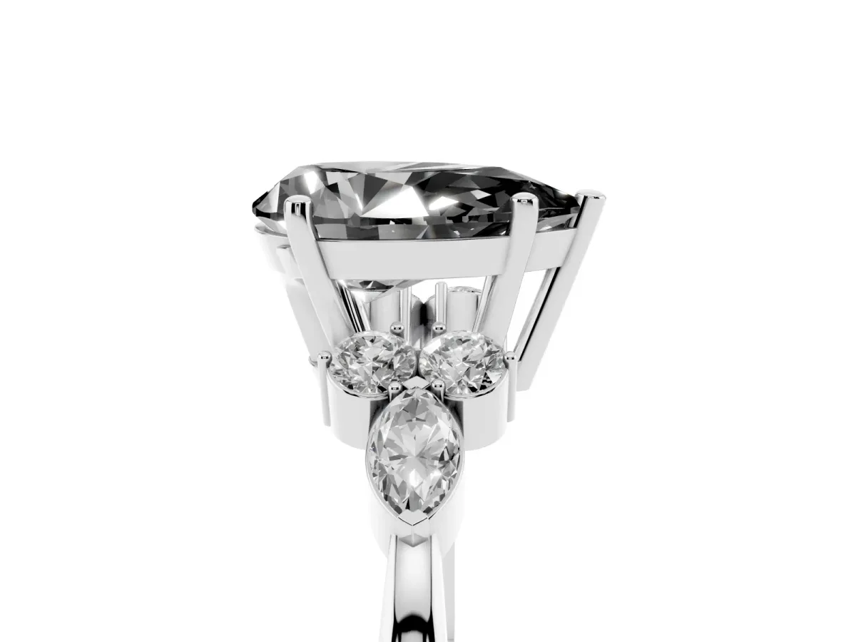 Fancy Black Pear Cut Brilliant Diamond Solitaire Ring with Pear Side Stones and Four-Prong Setting Platinum