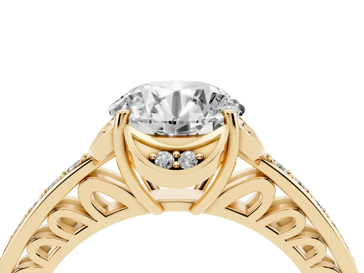 Round Cut Cut Halo Diamond Ring with Channel Set Band and Four-Prong Setting Yellow gold