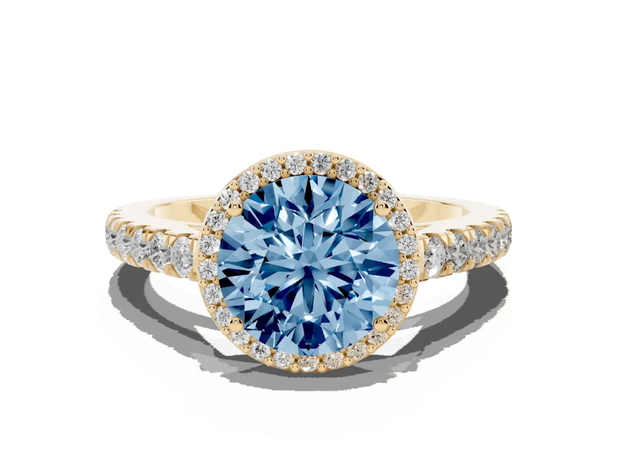 Fancy Blue Round Cut Cut Halo Diamond Engagement Ring with Pave Band and Four-Prong Setting Yellow gold