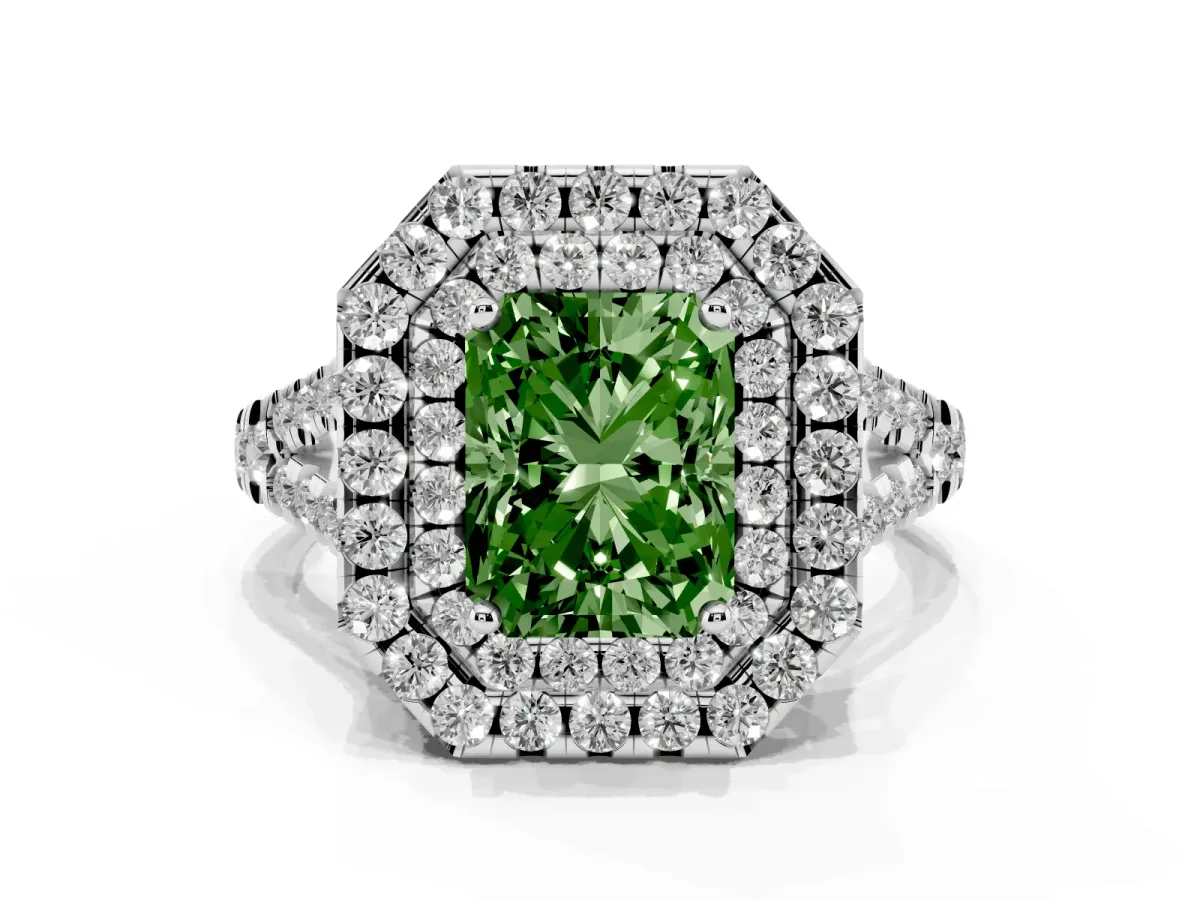 Fancy Green Double Halo Radiant Cut Diamond Pavé Split Shank Ring with Prong Setting Silver