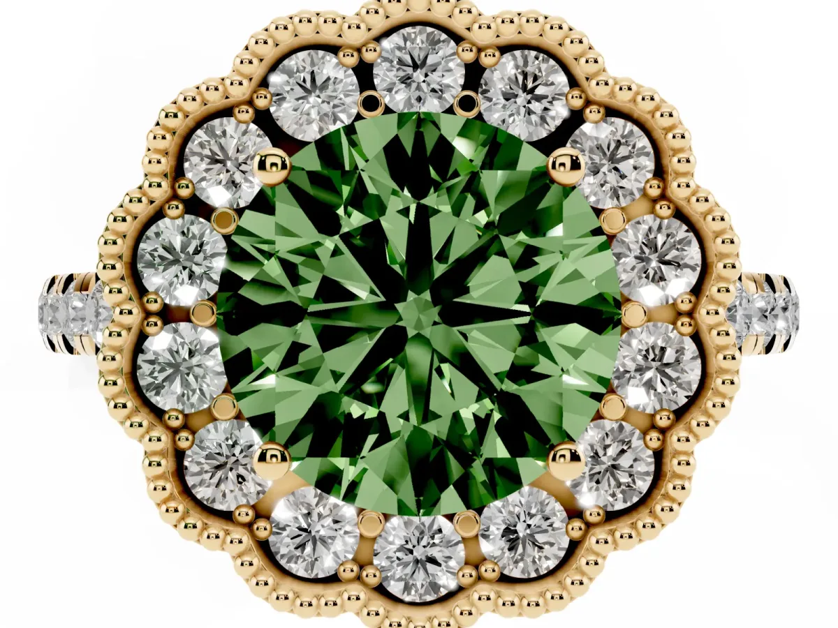 Fancy Green Round Cut Cut Diamond Milgrain Floral Halo Engagement Ring with Pavé Band Yellow gold