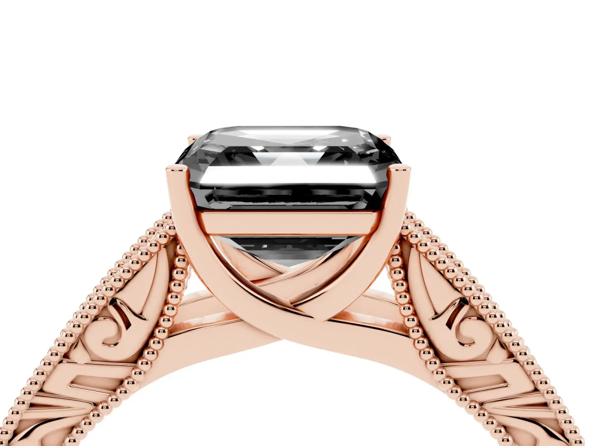 Fancy Black Asscher Cut Diamond Solitaire Ring with Engraved Band and Four-Prong Setting Rose gold