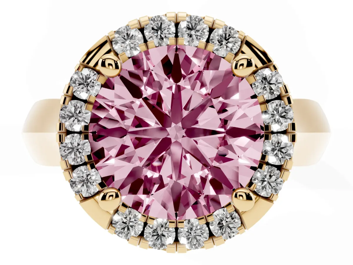Fancy Pink Round Cut Cut Halo Solitaire Engagement Ring with Square Band and Four-Prong Setting Yellow gold