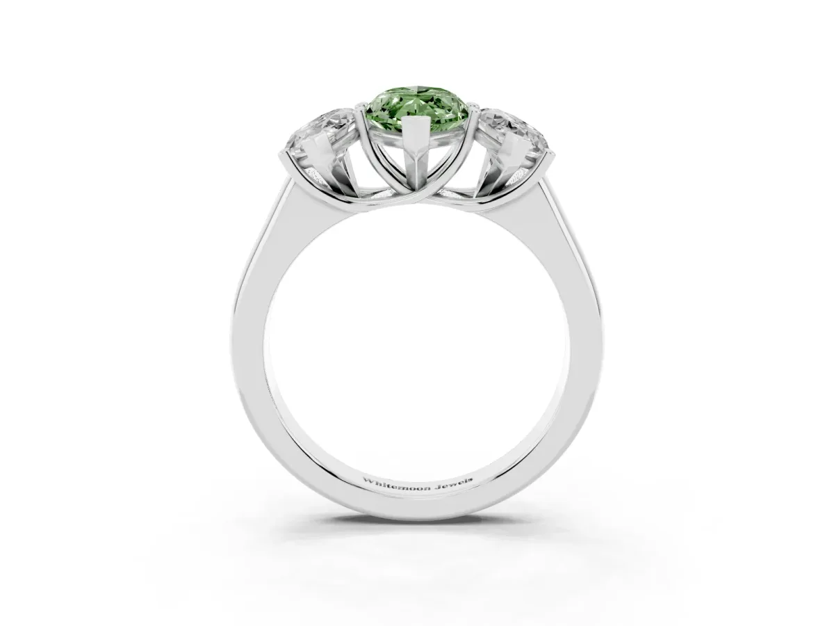 Fancy Green Marquise Cut Three-Stone Diamond Ring with Prong Setting on a Classic Band Silver