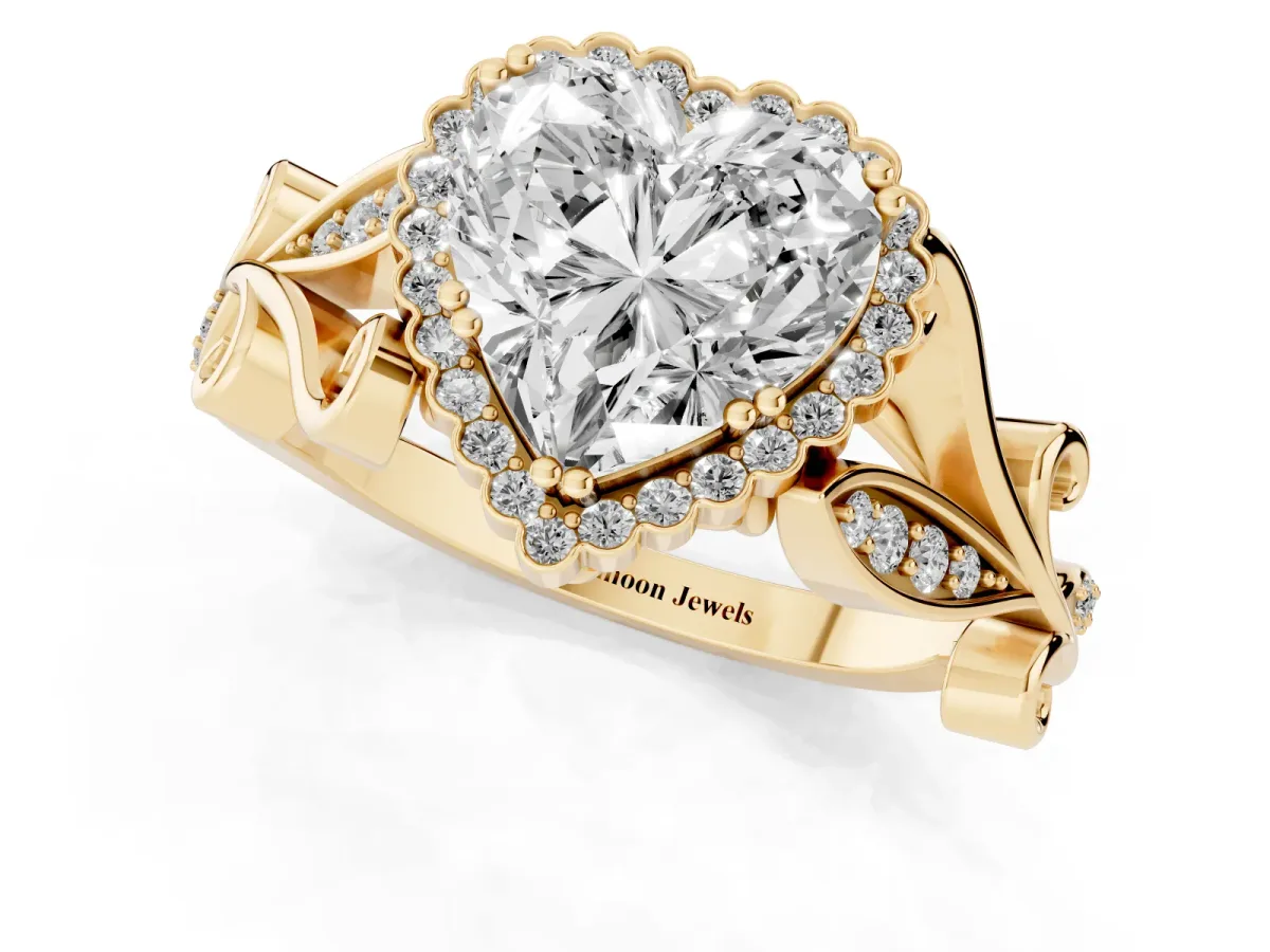 Heart Cut Diamond Halo Ring with Vintage Split Shank and Four-Prong Setting Yellow gold