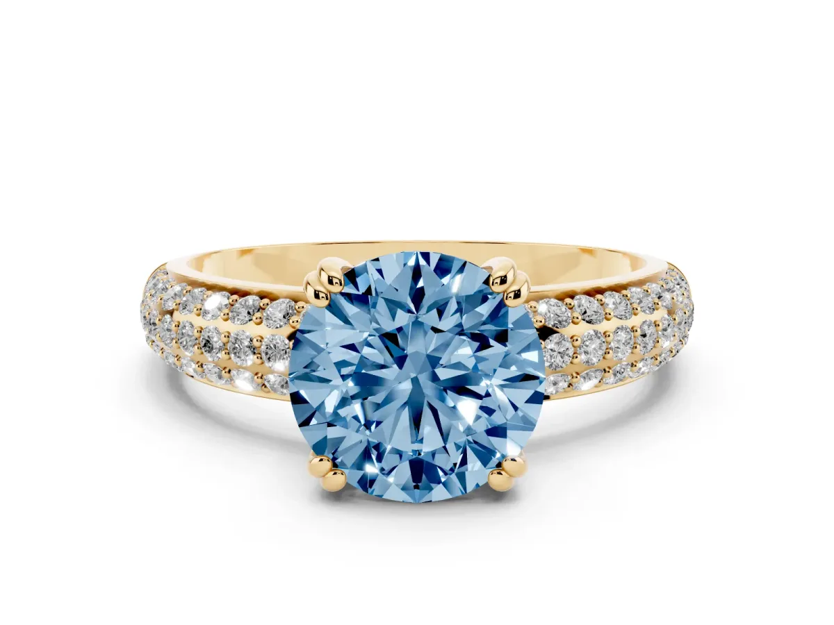 Fancy Blue Round Cut Diamond Solitaire Ring with Multi-Row Round Pavé Band and Prong Setting Yellow gold