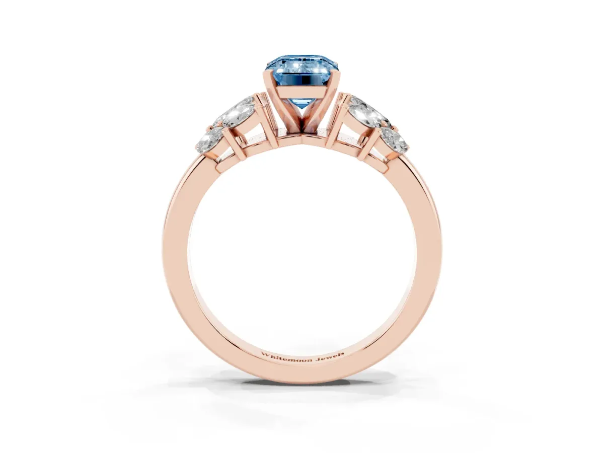 Fancy Blue Emerald Cut Diamond Cluster Leaf Design Ring with Prong Setting Rose gold
