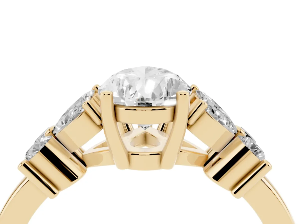 Pear Cut Diamond Floral Cluster Ring with Solitaire Band and Prong Setting Yellow gold