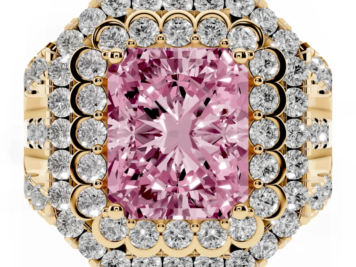 Fancy Pink Radiant Cut Diamond Double Halo Ring with Round Pavé Split Shank and Prong Setting Yellow gold
