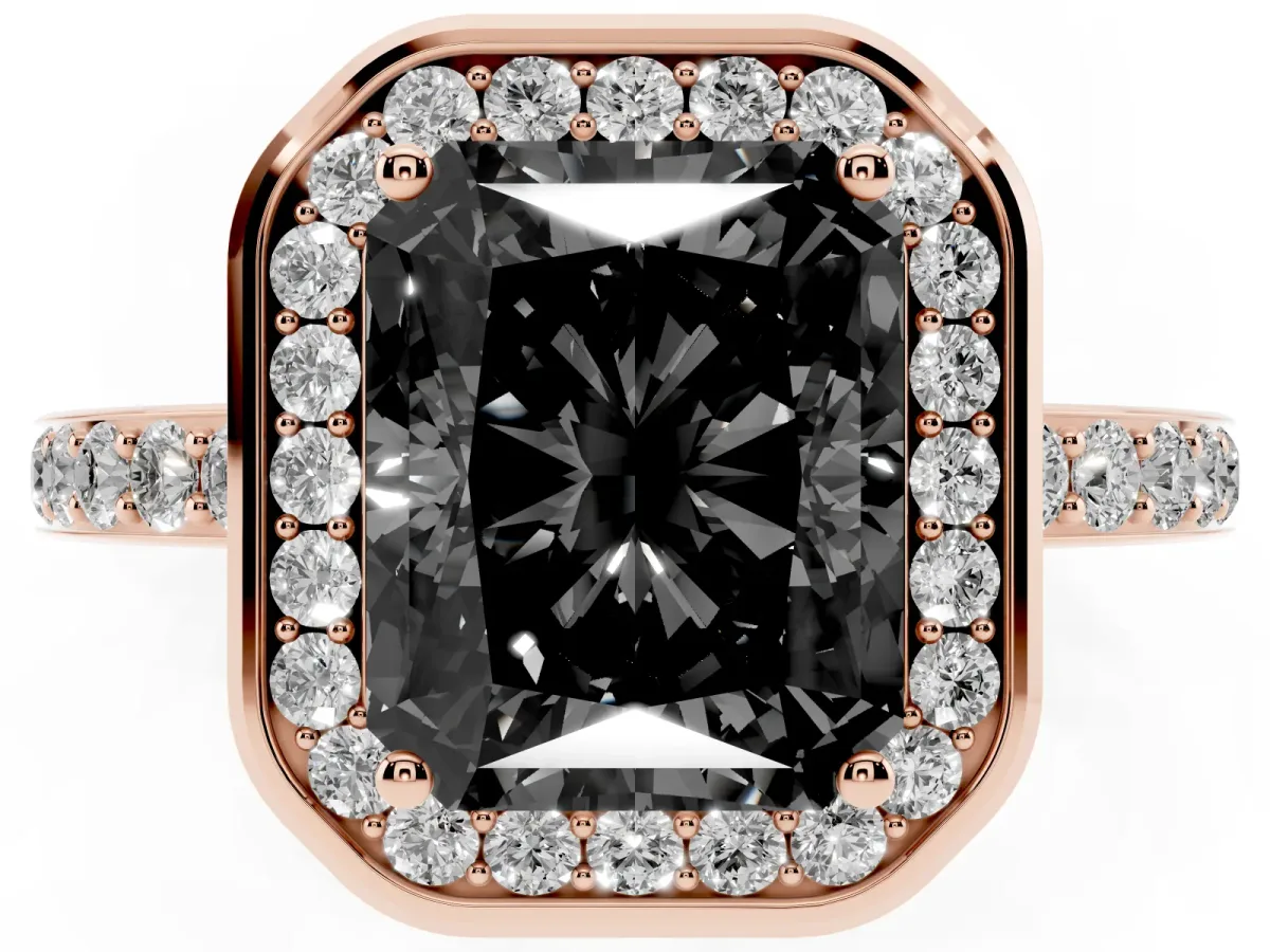 Fancy Black Radiant Cut Diamond Halo Ring with Bezel Frame and Pavé Band Rose gold