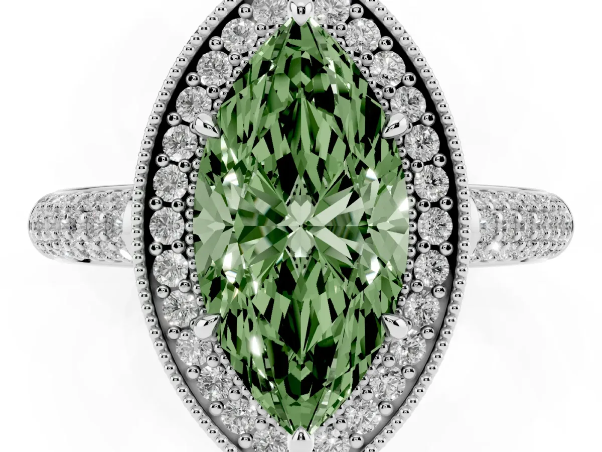 Fancy Green Marquise Cut Cut Halo Diamond Pave Band with Four-Prong Setting Silver