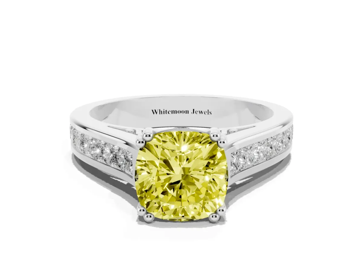 Fancy Yellow Cushion Cut Cut Channel Set Solitaire Engagement Ring with Prong Setting Silver