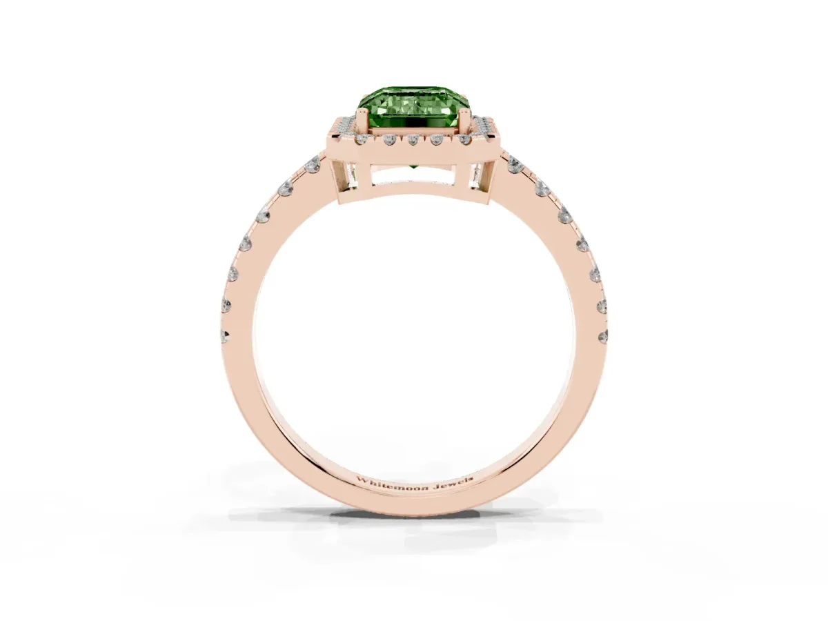 Fancy Green Emerald Cut Diamond Halo Ring with Pavé Band and Four-Prong Setting Rose gold