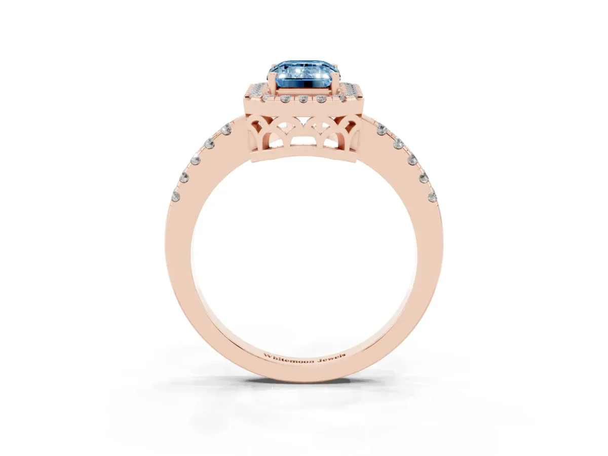 Fancy Blue Emerald Cut Halo Diamond Engagement Ring with Pavé Band and Four-Prong Setting Rose gold