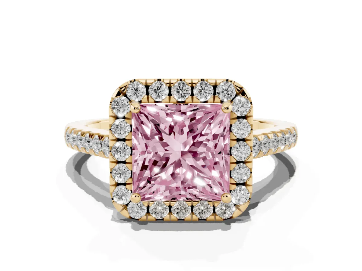 Fancy Pink Princess Cut Halo Pavé Diamond Engagement Ring with Four-Prong Setting Yellow gold