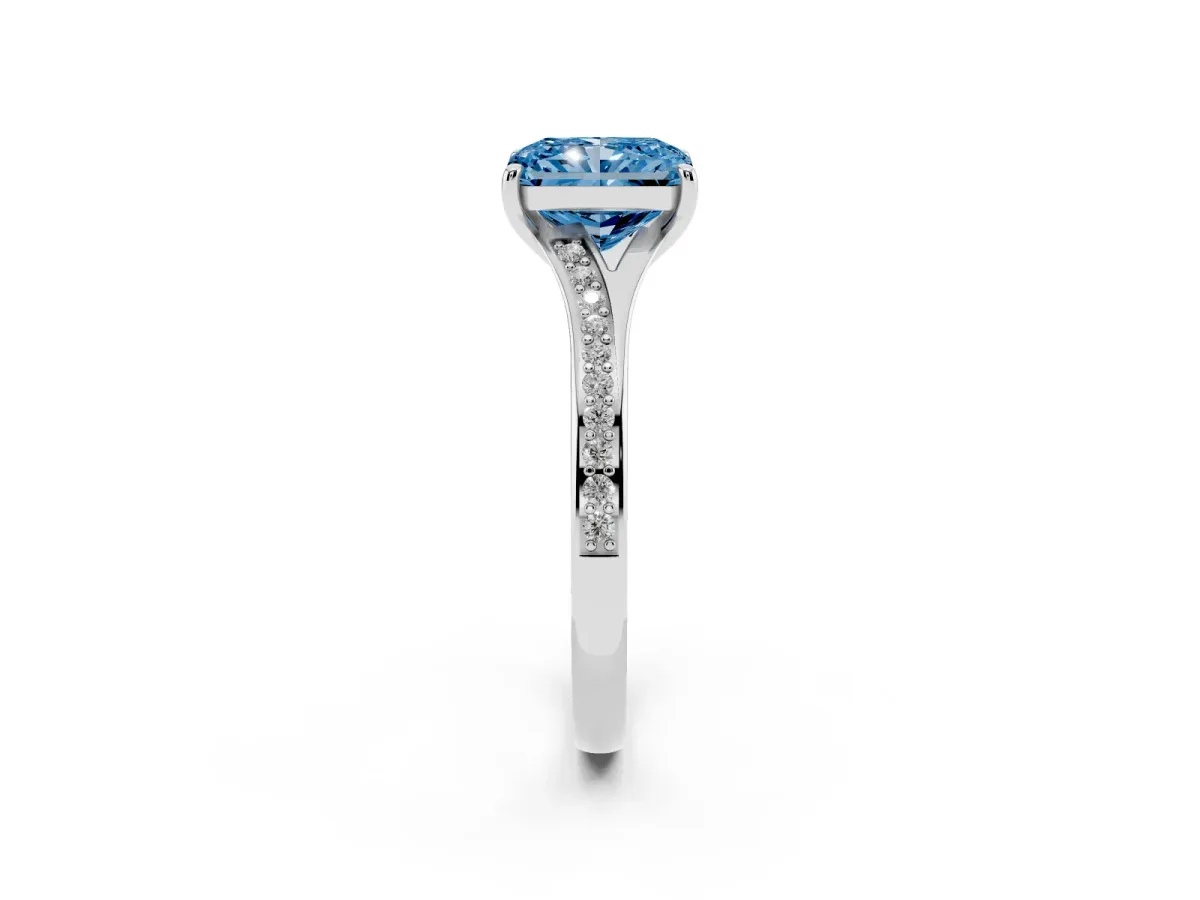 Fancy Blue Radiant Cut Diamond Solitaire Ring with Pavé Band and Prong Setting Silver