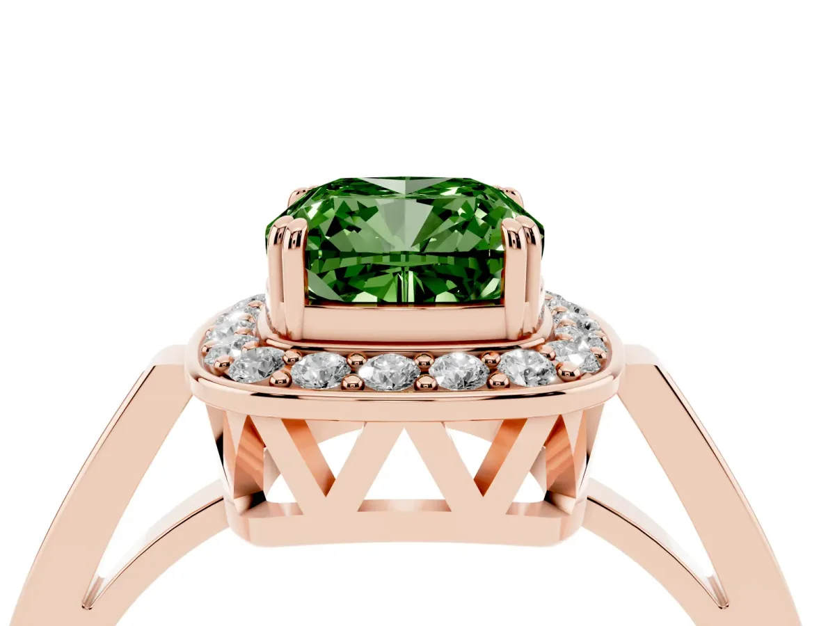 Fancy Green Cushion Cut Diamond Halo Ring with Split Shank and Four-Prong Setting Rose gold