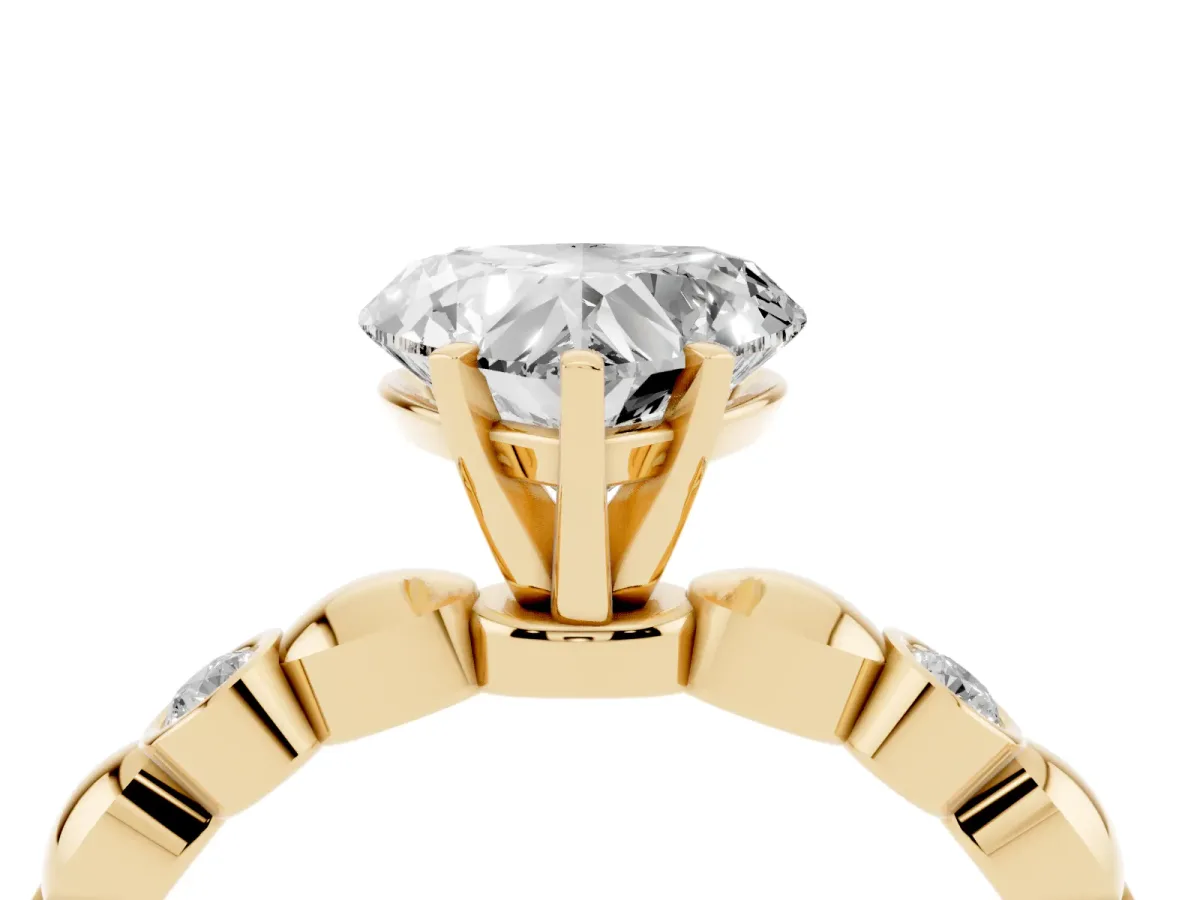 Heart Cut Solitaire Bezel-Set Diamond Ring with Beaded Band and Four-Prong Setting Yellow gold