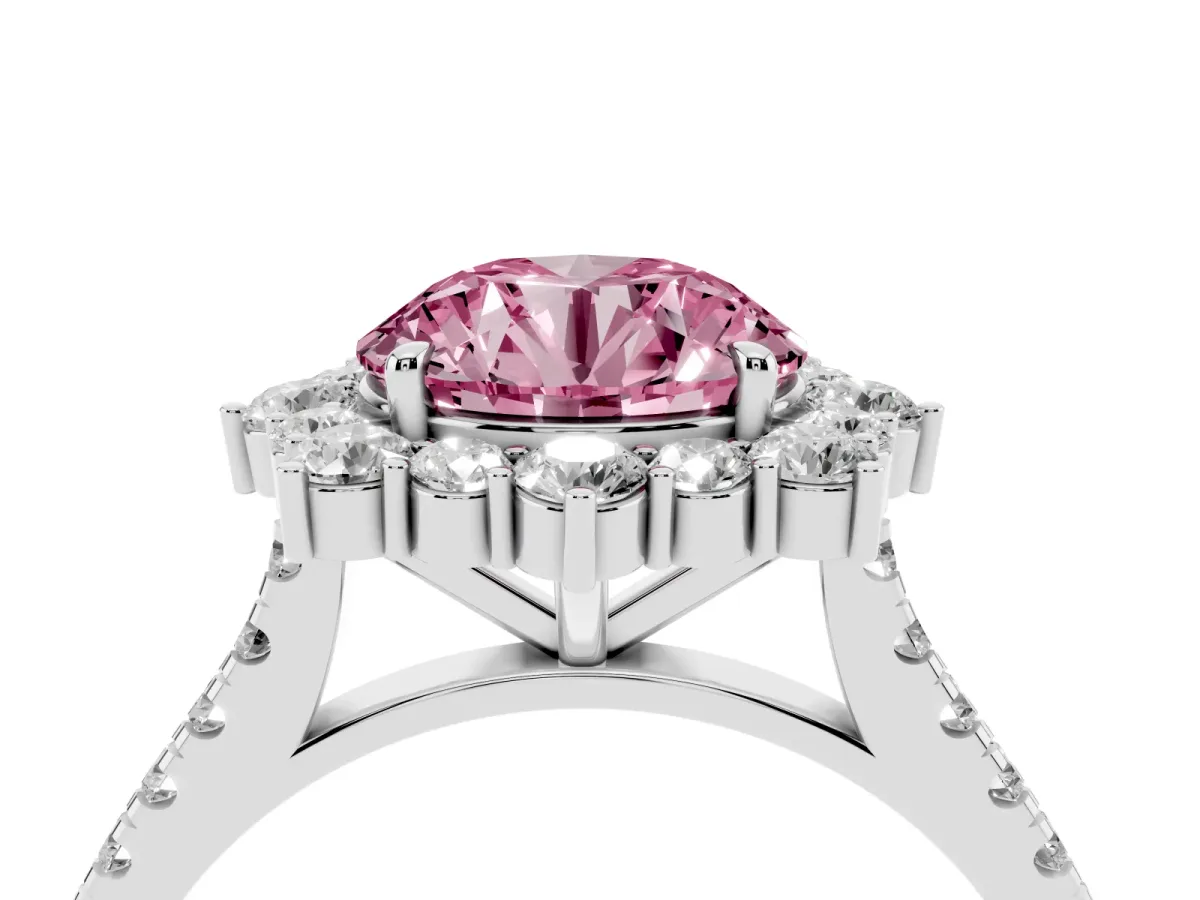 Fancy Pink Round Cut Halo Diamond Ring with Pavé Band and Prong Setting Silver