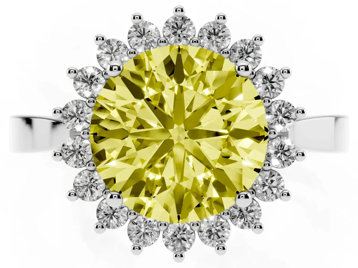 Fancy Yellow Round Cut Cut Diamond Halo Ring with Round Brilliant Halo and Solitaire Band Silver