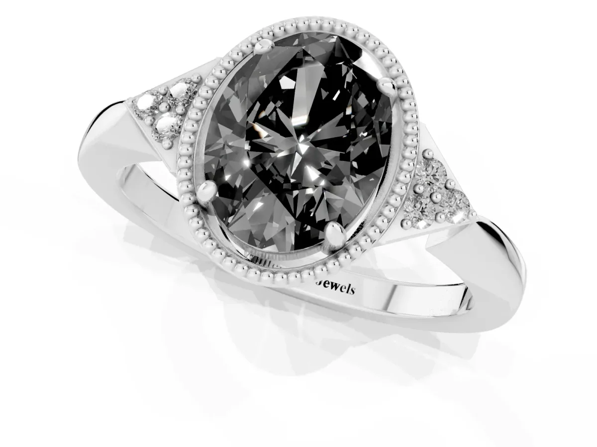 Fancy Black Hexagonal Halo Oval Cut Diamond Solitaire with Pavé Band and Four-Prong Setting Silver