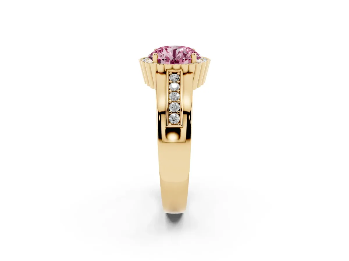 Fancy Pink Round Cut Cut Halo Pave Band Four-Prong Ring Yellow gold