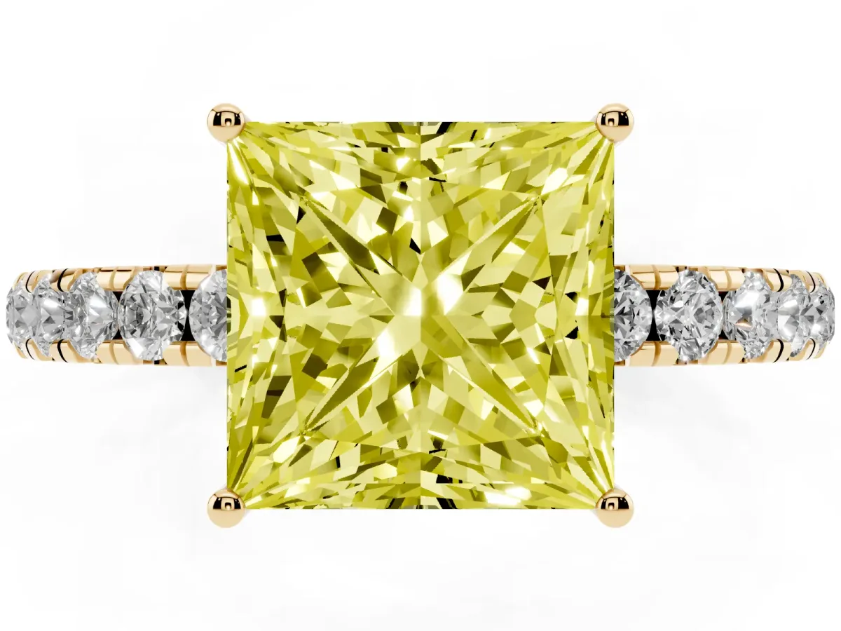 Fancy Yellow Princess Cut Diamond Pavé Solitaire Engagement Ring with Four-Prong Setting Yellow gold