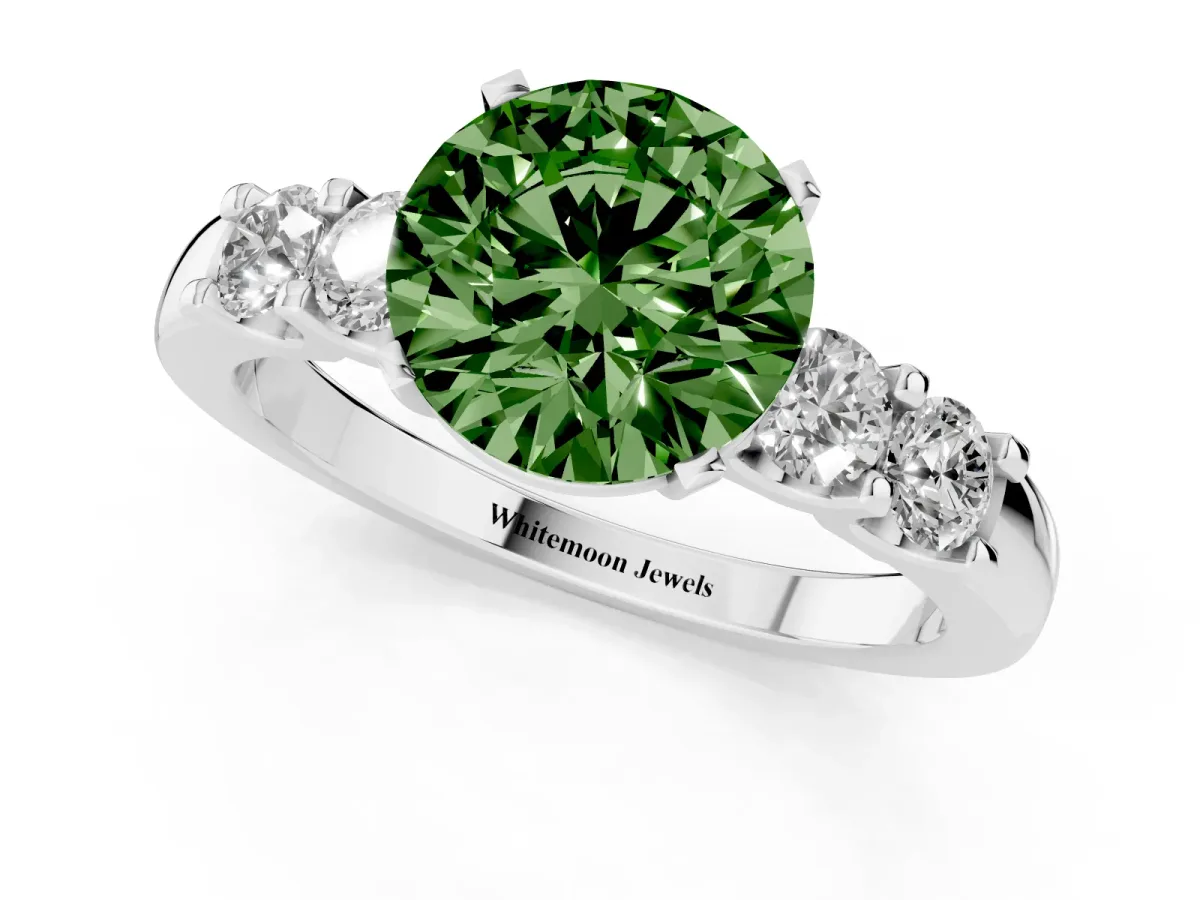 Fancy Green Round Cut Brilliant Cut Diamond Five-Stone Prong Set Engagement Ring with Channel Band Silver