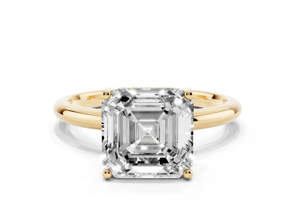 Asscher Cut Cut Solitaire Engagement Ring with Four-Prong Setting and Classic Band Yellow gold