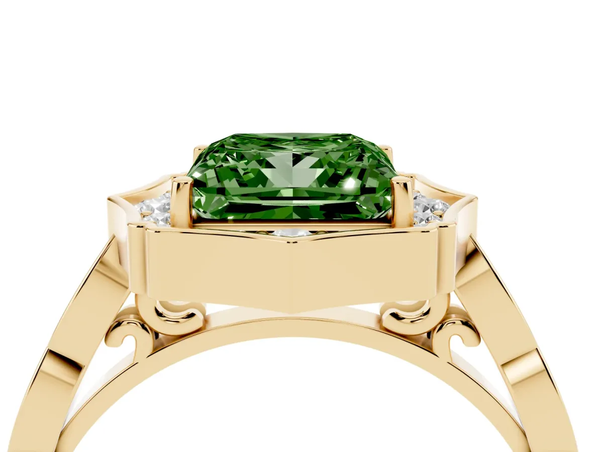 Fancy Green Princess Cut Halo Diamond Engagement Ring with Milgrain Band and Four-Prong Setting Yellow gold