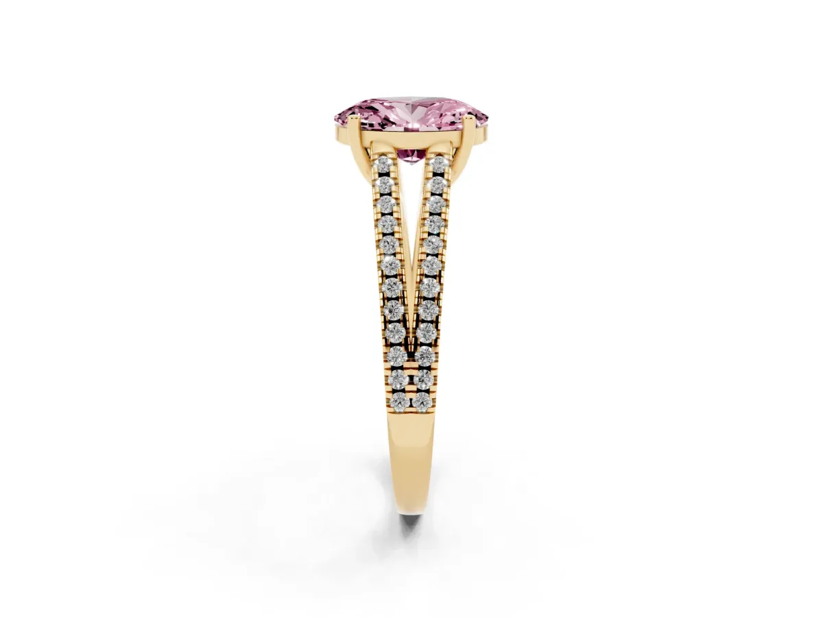 Fancy Pink Oval Cut Diamond Solitaire Engagement Ring with Split Shank Pavé Band Yellow gold