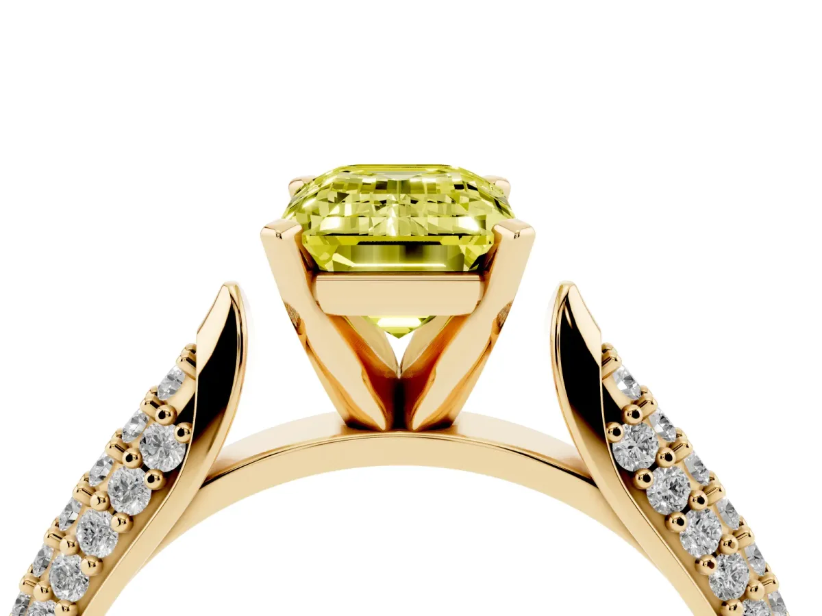 Fancy Yellow Emerald Cut Diamond Solitaire Engagement Ring with Multi-Row Round Pavé Band and Prong Setting Yellow gold