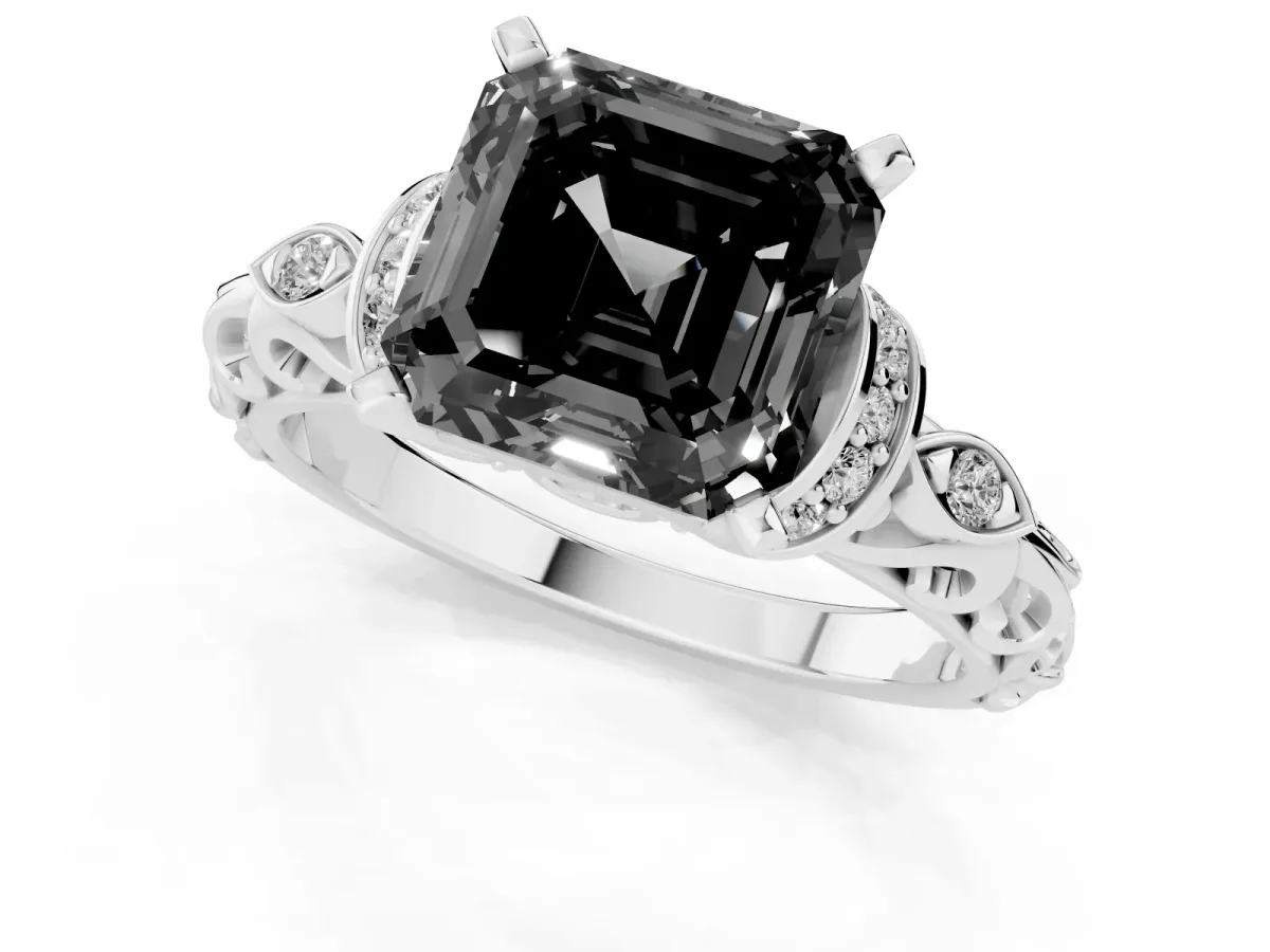 Fancy Black Asscher Cut Diamond Solitaire Ring with Filigree Band and Four-Prong Setting Silver