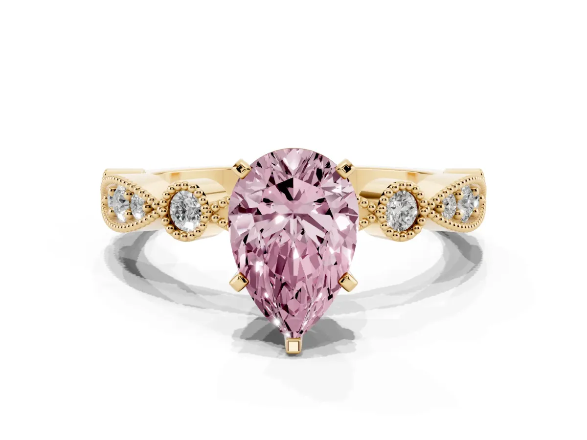 Fancy Pink Pear Cut Milgrain Bezel Diamond Engagement Ring with Solitaire Prong Setting Yellow gold