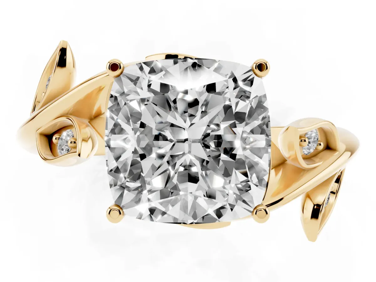 Cushion Cut Solitaire Twist Engagement Ring with Leaf Accents and Prong Setting Yellow gold