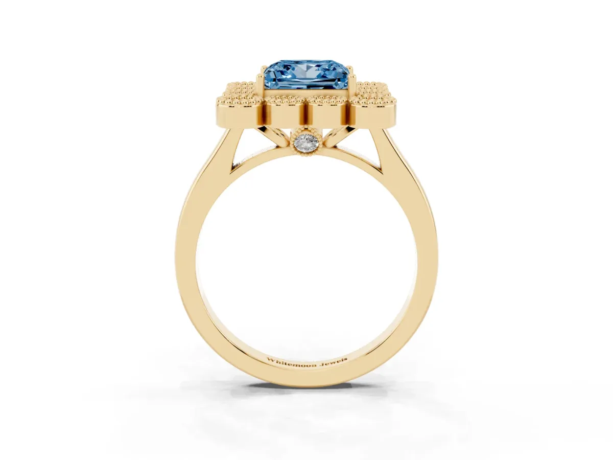 Fancy Blue Princess Cut Halo Diamond Cluster Engagement Ring with Milgrain Bezel Setting and Solitaire Band Yellow gold