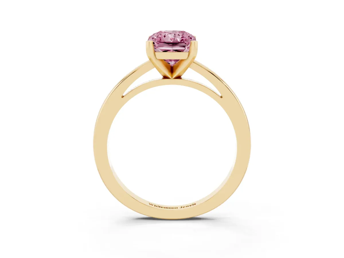 Fancy Pink Radiant Cut Solitaire Diamond Engagement Ring with Four-Prong Setting on a Classic Band Yellow gold
