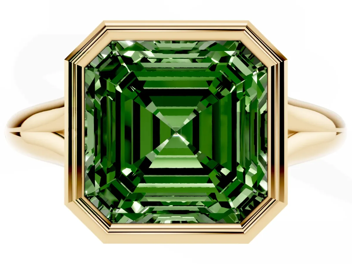 Fancy Green Bezel Set Asscher Cut Solitaire Diamond Ring with Smooth Band Yellow gold