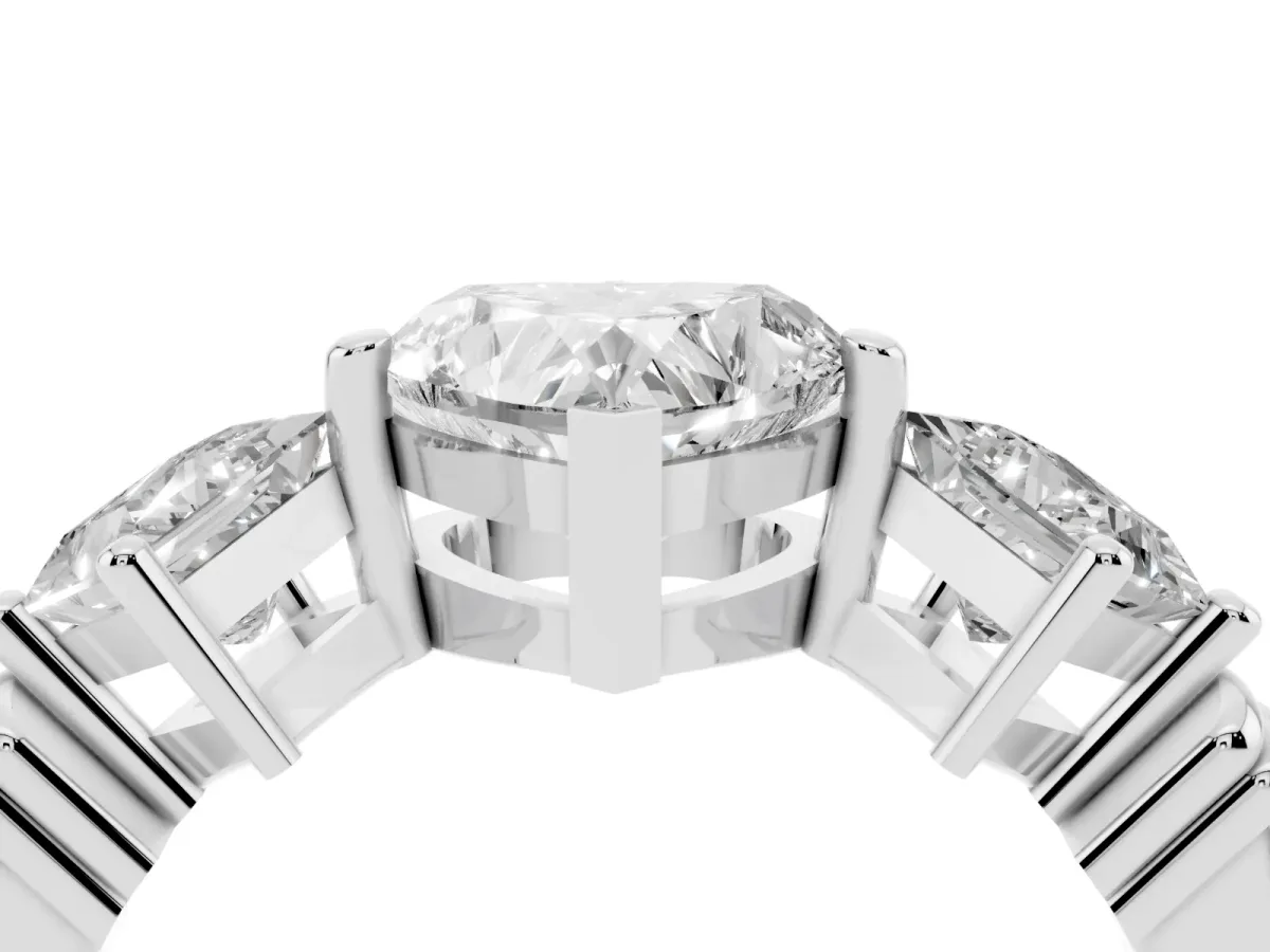 Three-Stone Heart Cut and Princess Cut Diamond Ring with Channel Band and Four-Prong Setting White gold