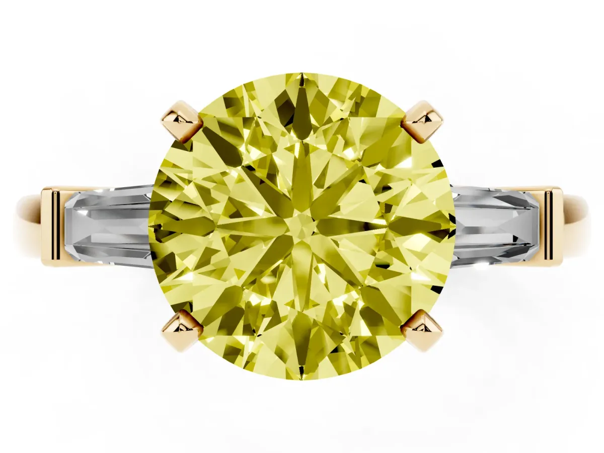Fancy Yellow Round Cut Cut Diamond Solitaire Ring with Tapered Baguette Accents and Four-Prong Setting Yellow gold