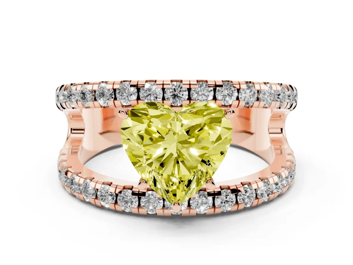 Fancy Yellow Heart Cut Solitaire Split Shank Pave Diamond Ring Rose gold